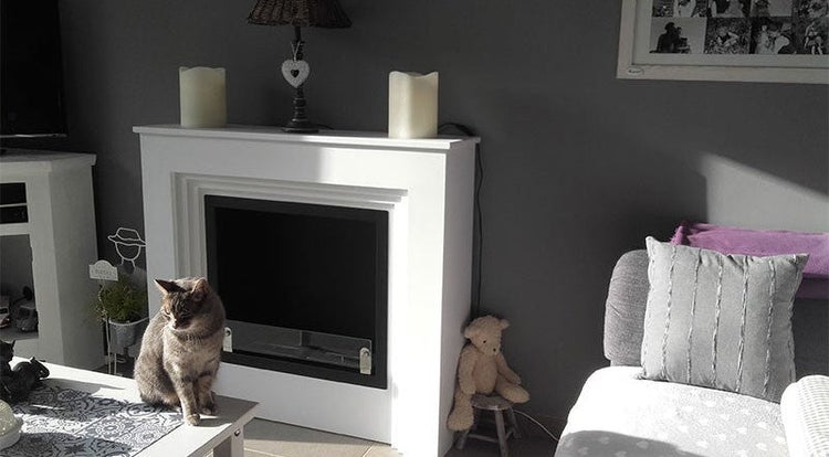 Wohnzimmer mit elektrischem Kamin, Katze und dekorativen Elementen