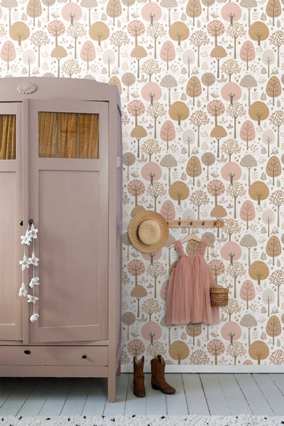 ESTAhome Tapete bewaldete Landschaft Rosa, Braun und Weiß - 50 x 900 cm - 139799