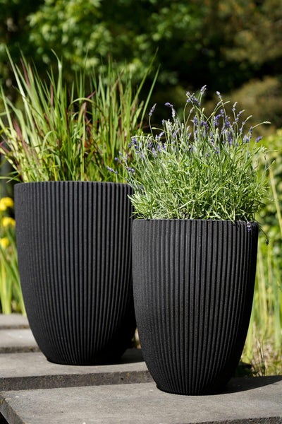 Zwei hohe anthrazitfarbene Pflanzgefäße mit vertikaler Rippenstruktur, bepflanzt mit Lavendel und Ziergras, auf Steinplatten im Garten.