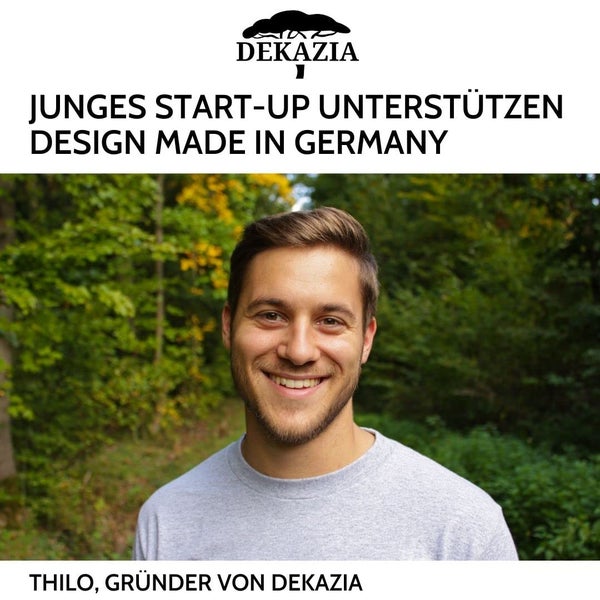 Dekazia Logo. Porträt von Thilo, dem Gründer von Dekazia, mit Hinweis auf ein junges deutsches Start-up und Design aus Deutschland.