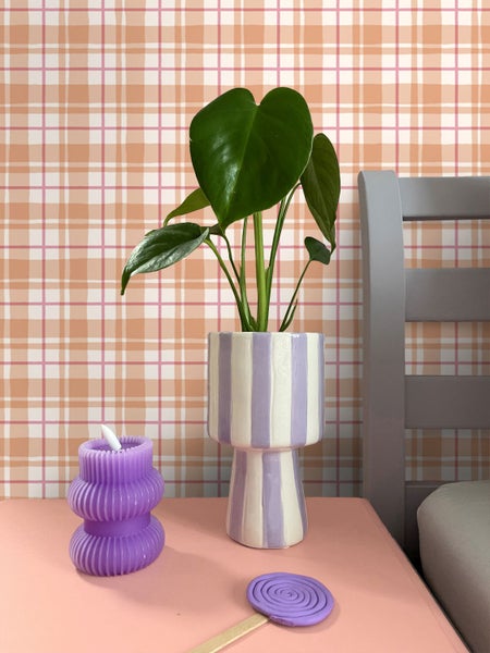 Dekorative Zimmerpflanze in gestreiftem Topf neben einer spiralförmigen Kerze auf einem Tisch