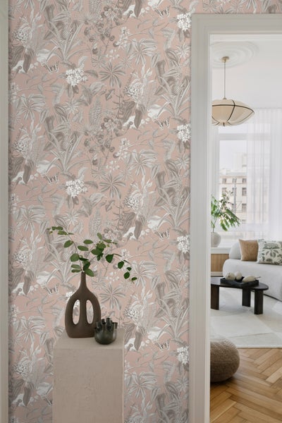 Sanders und Sanders Tapete tropische Blätter und Blüten Graurosa - 53 cm x 10 m - 640245