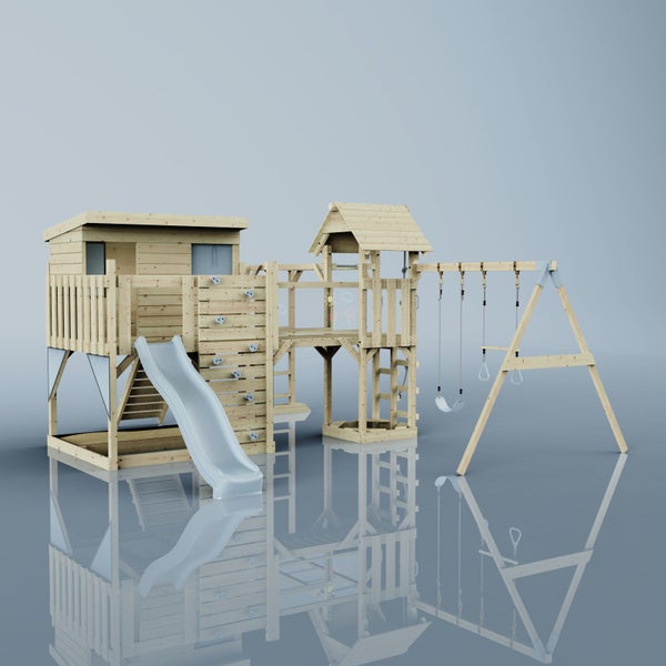 Holzspielplatz mit Rutsche, Kletterwand und Schaukel