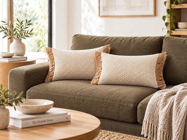 Zwei längliche Zierkissen mit Fransen und geometrischem Muster auf einem Sofa im Wohnzimmer mit Holztisch und dekorativen Elementen.