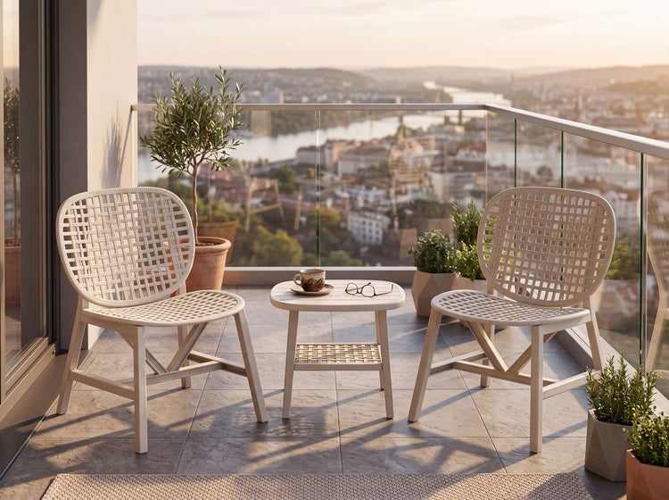 Balkonset bestehend aus zwei geflochtenen Stühlen und einem kleinen Beistelltisch auf einem Balkon mit Stadtblick im Sonnenuntergang.