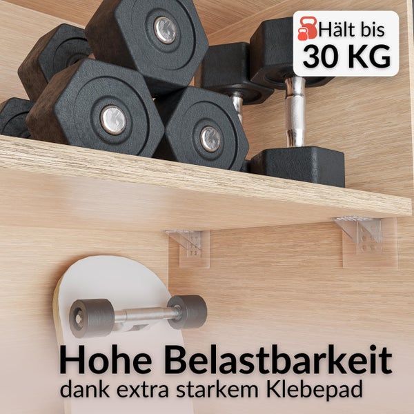 Transparente Fachbodenträger mit extra starkem Klebepad, belastbar bis zu 30 Kilogramm.