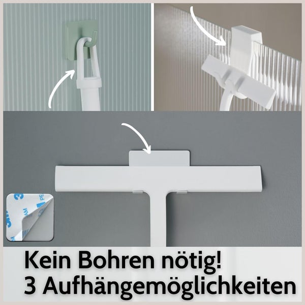 Duschabzieher mit drei Aufhängemöglichkeiten ohne Bohren: Klebehaken, Einhängevorrichtung für Glaswände und Klebestreifen.