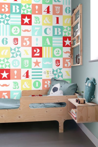 ESTAhome XXL-Vliestapete Blöcke Grün, Blau, Gelb, Rot und Rosa - 50 x 900 cm - 158702