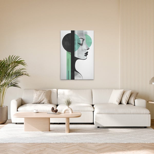 Wohnzimmer mit Leinwandbild einer Frau im Profil als Wanddekoration