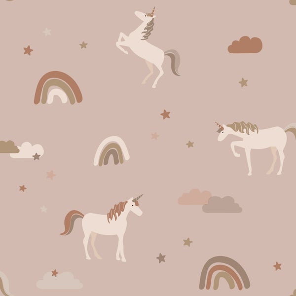 Tapetenrolle mit Einhorn-, Stern- und Wolkenmuster