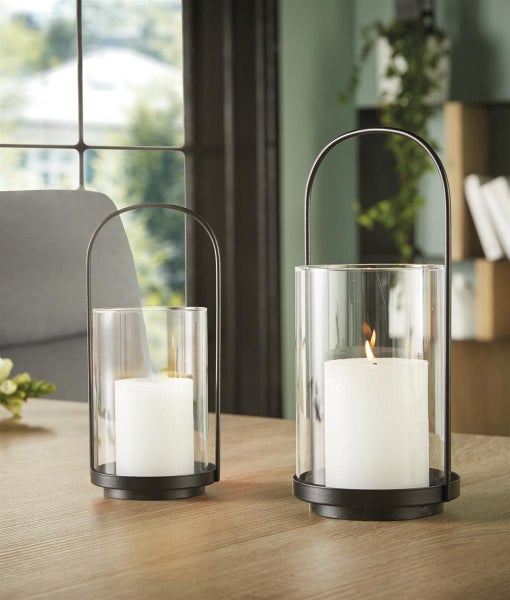 Dekoleidenschaft 2x Windlicht Minimal aus Metall, schwarz & Glas, Kerzenhalter für Stumpenkerzen, Kerzenglas, Windlichtglas