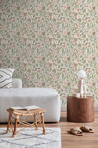 ESTAhome Tapete Blätter und Blumen Graugrün und Rosa - 50 x 900 cm - 131050