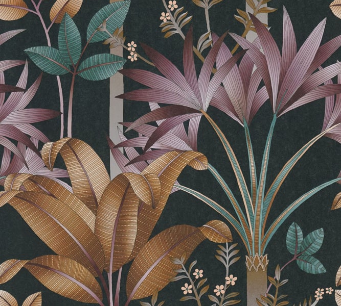 Esszimmer mit Esstisch, Sitzbank, Stühlen und floral gemusterter Tapete