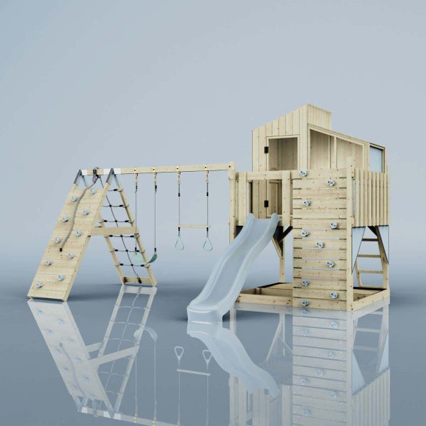 Spielturm aus Holz mit Spielhaus, blauer Rutsche, Kletterwänden, Schaukel und Trapezstange mit Ringen.