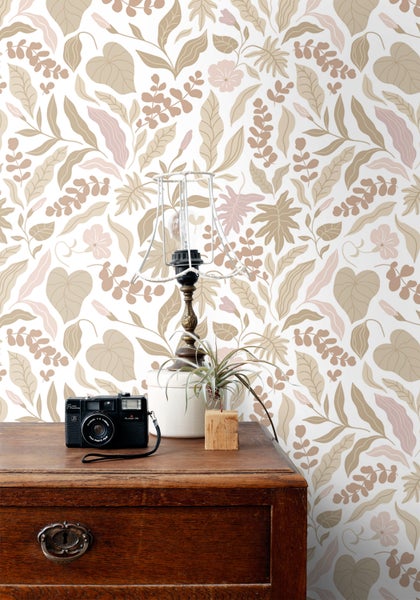 ESTAhome Tapete Blätter und Blumen Beige und Rosa - 50 x 900 cm - 131047