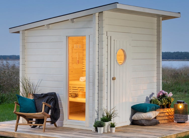 Polhus Sauna Jussi Gartensauna 2 Sitzbänke aus Holz, Sauna mit 70 mm Wandstärke, Außensauna