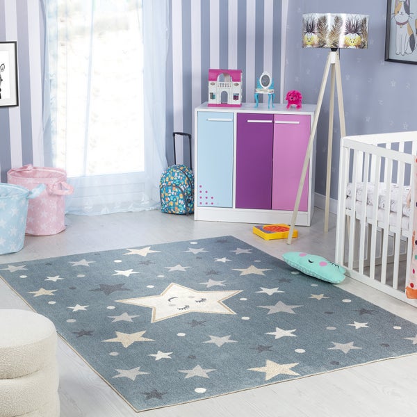 Maschinenwaschbarer Kinderteppich Sterne Blau/Beige 160x213 cm SUPERMAMA