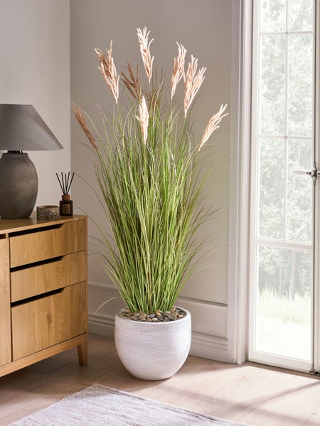 Dekorative Kunstpflanze im Topf neben Fenster und Kommode