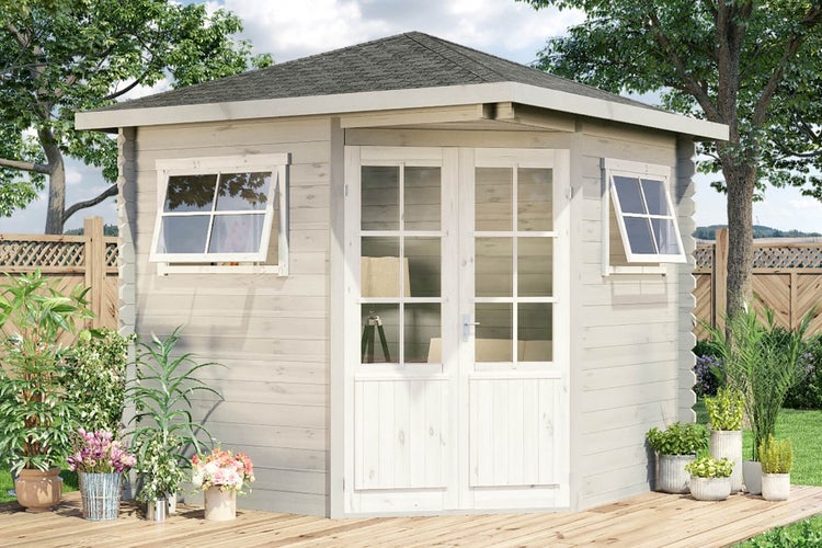 Alpholz 5-Eck Gartenhaus Sunny-B Gartenhaus aus Holz, Holzhaus mit 28 mm Wandstärke, Blockbohlenhaus mit Montagematerial, Naturbelassen 2,5x2,5m