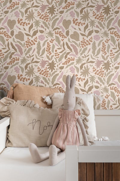 ESTAhome Tapete Blätter und Blumen Beige, Terrakotta und Lila - 50 x 900 cm - 131051