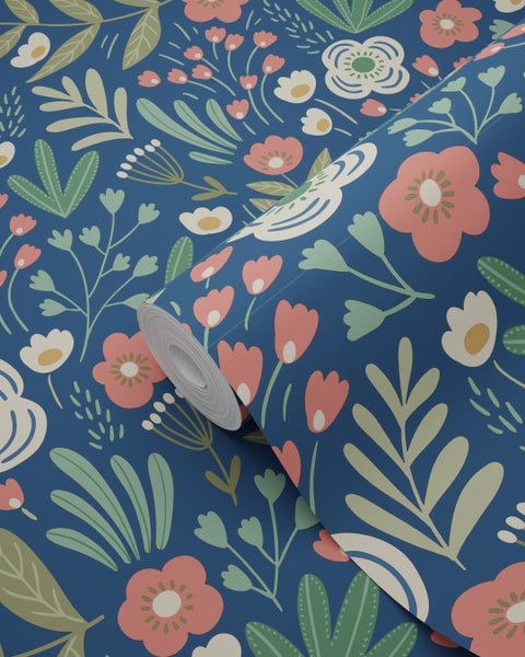 ESTAhome Tapete Blumen Dunkelblau, Grün und Terrakotta - 50 x 900 cm - 131071