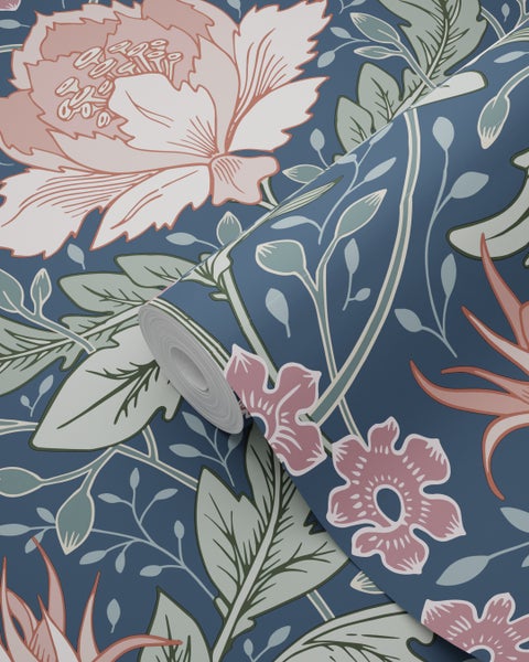 ESTAhome Tapete Blumenmuster im Jugendstil Blau, Grün und Terrakottarosa - 50 x 900 cm - 131083