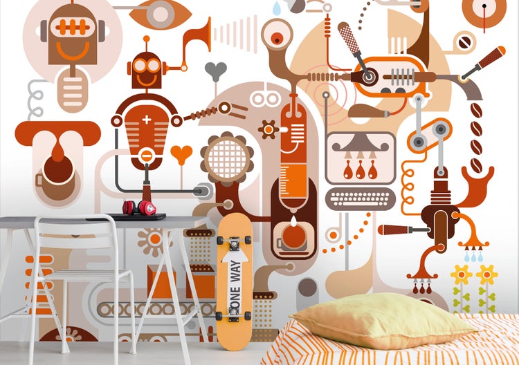 Moderne Fototapete mit abstrakten Roboter- und Maschinenmotiven in Braun- und Orangetönen in einem hellen Kinderzimmer mit Schreibtisch.