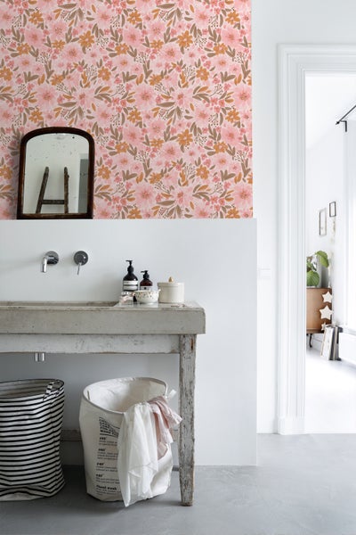 ESTAhome Tapete Blumen Rosa, Orange und Graugrün - 50 x 900 cm - 130925