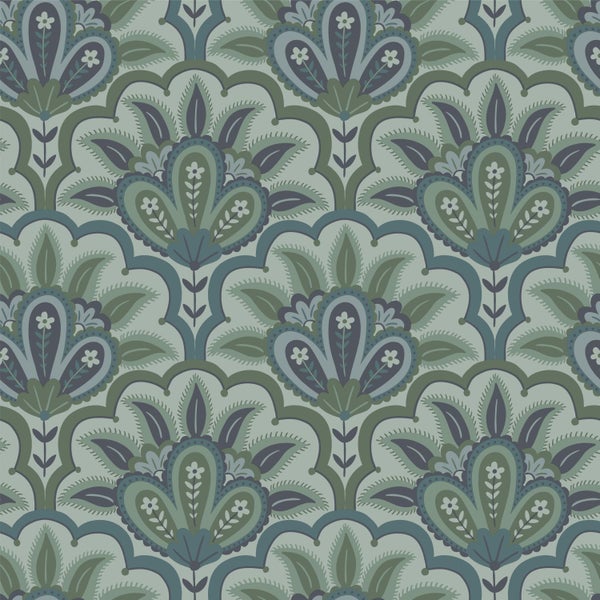ESTAhome Tapete orientalisches Barockmotiv Blau und Grün - 50 x 900 cm - 131037