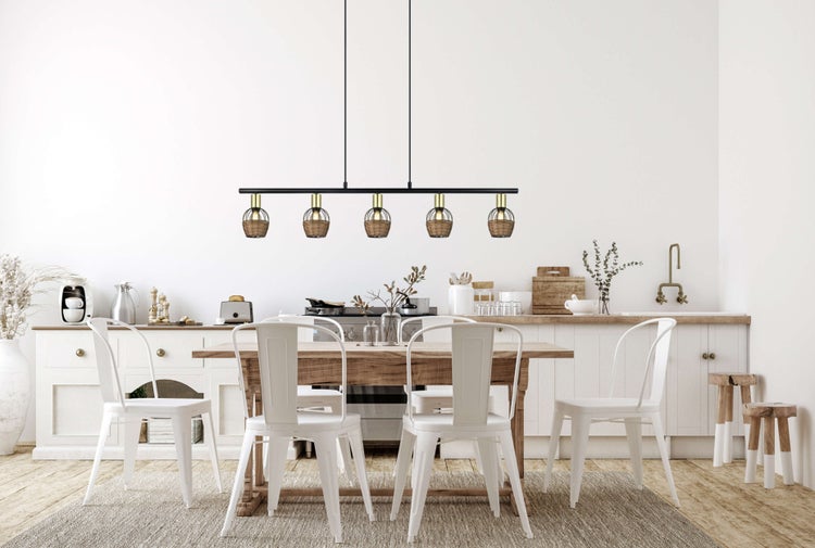 5er Pendelleuchte CORBIS,  Hängelampe aus Metall in Schwarz, mit Gold und Rattan, mit E14-Fassung, für Esszimmer, Wohnzimmer, Diele oder Büro, 100 cm lang