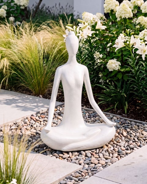 Dekorative Yoga Figur für den Garten in meditativer Sitzposition platziert auf einem Kieselsteinbeet zwischen Blumen und Gräsern