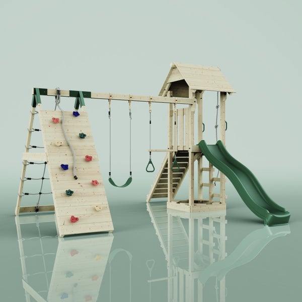 Spielplatz mit Kletterwand, Schaukel und Rutsche aus Holz