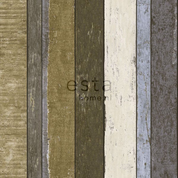 ESTAhome Tapete Holzoptik Beige, Blau und Khakigrün - 53 cm x 10.05 m - 138253