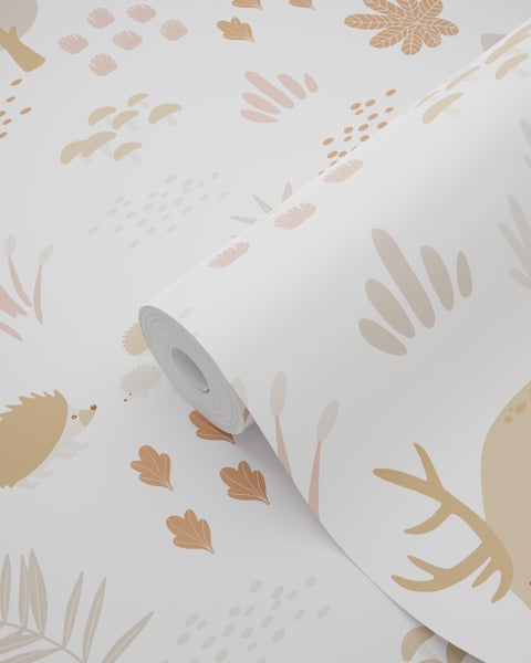 ESTAhome Tapete Wald mit Waldtieren Weiß und Beige - 53 cm x 10.05 m - 139611