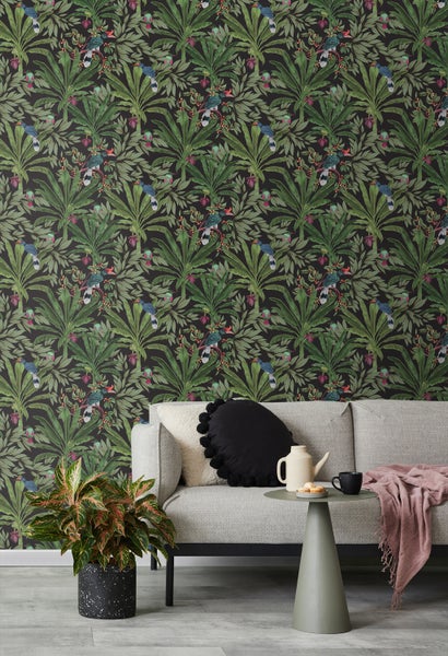 Walls4You Tapete tropische Dschungelblätter und Paradiesvögel Schwarz und Grün - 53 cm x 10.05 m - 935332