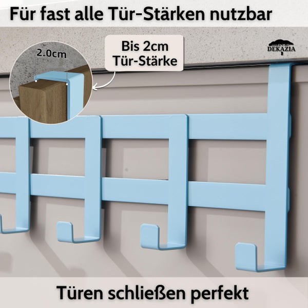 Blaue Türhakenleiste aus Metall an einer Schranktür montiert, geeignet für Türstärken bis zu 2 Zentimeter. Dekazia Logo.