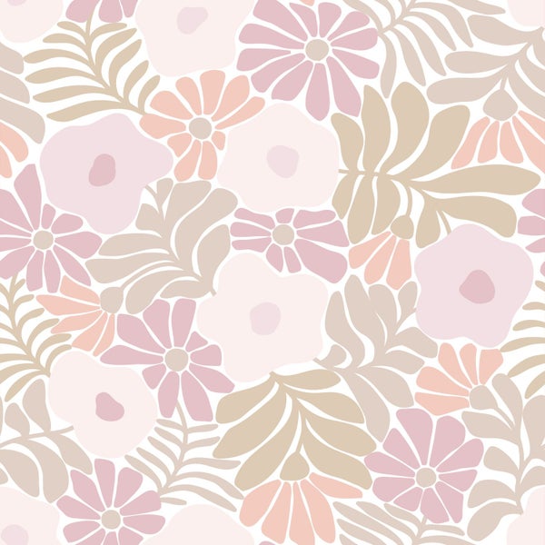 ESTAhome Tapete Blumen im Matisse-Stil Helllila, Grün und Orange - 50 x 900 cm - 131002