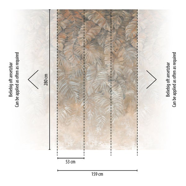 Tapetenmuster mit Palmenblattmotiv und Maßangaben