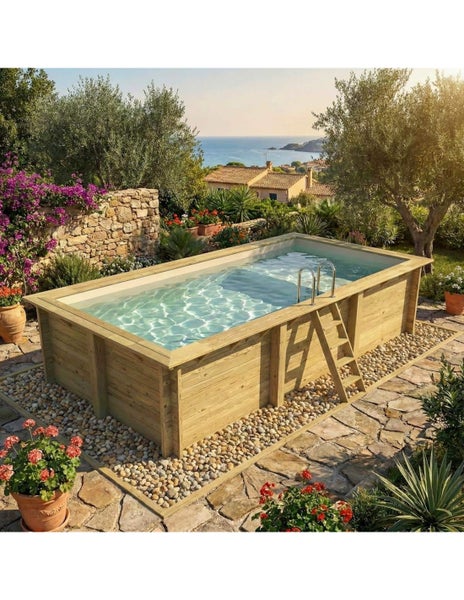 Rechteckiger Swimmingpool aus Holz mit Leiter in einem Garten mit Steinweg und Pflanzen