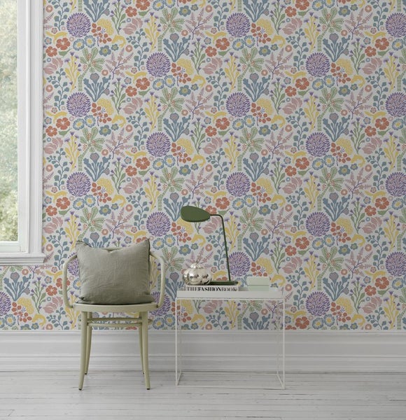 Borastapeter Tapete tropische Blätter und Blüten Lila, Gelb und Blau - 53 cm x 10.05 m - 660795