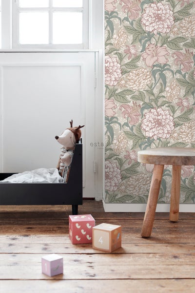 ESTAhome Tapete Blumenmuster Altrosa und Graugrün - 53 cm x 10.05 m - 139377