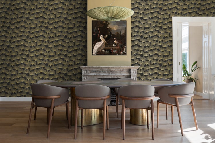 Origin Wallcoverings Tapete Ginkgoblätter Schwarz und Gold - 53 cm x 10.05 m - 347734