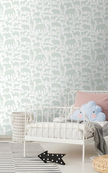Walls4You Tapete Dschungeltiere Hellgrün und Weiß - 53 cm x 10.05 m - 935318