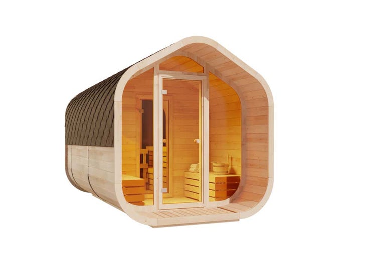 Moderne Gartensauna aus Holz in Pod-Form mit Glasfront, Schindeldach und Inneneinrichtung.