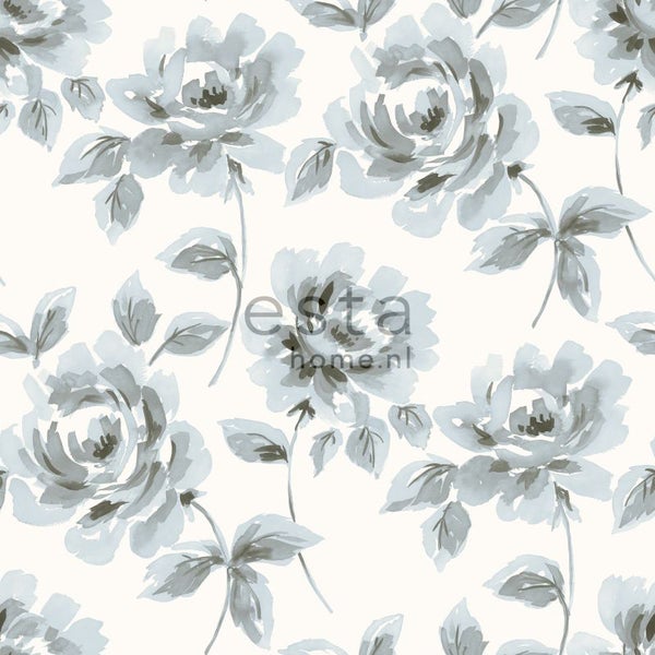 ESTAhome Tapete Aquarell gemalte Rosen Hellblau und Grau - 53 cm x 10.05 m - 128013
