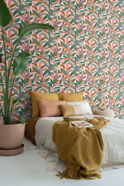 ESTAhome Tapete tropische Blätter Türkis, Rosa und Orange - 50 x 900 cm - 131044