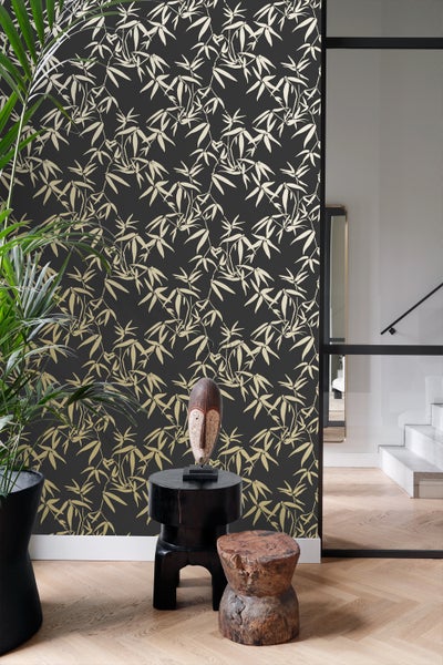 Origin Wallcoverings Tapete Bambusblätter Schwarz und Gold - 53 cm x 10.05 m - 347740