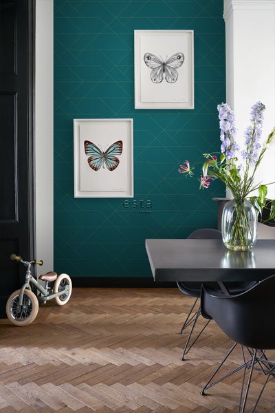 ESTAhome Tapete grafische Linien Petrolblau und Gold - 53 cm x 10.05 m - 139454