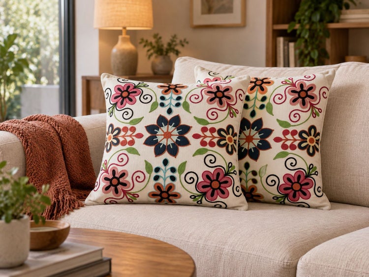 Zwei Zierkissen mit floraler Stickerei auf einem hellen Sofa in einem gemütlichen Wohnzimmer mit Wohndecke und Beistelltisch.