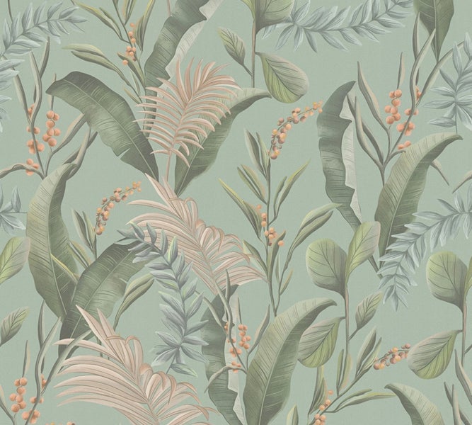 Schlafzimmer mit botanischer Tapete, Holzbett und Nachttisch